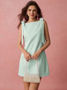 Enchnt 春夏浪漫女士薄荷绿蝴蝶结无袖可爱迷你连衣裙，甜美优雅，适合度假、约会、节日、派对、毕业典礼、婚礼宾客和海滩，舞会礼服，女士夏季连衣裙，女士太阳裙，夏季服装，优雅派对连衣裙，商务休闲女士商务女装 - 薄荷綠 - 查看 6