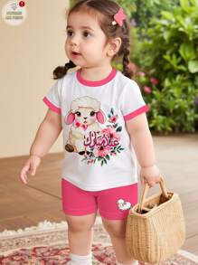SHEIN Cute Cartoon Sheep Print Pink Eid Al-Adha Spring/Summer Casual Round Neck Short Sleeve T-Shirt & Leggings 2-Piece Set For Young Girl - Multicolor - View 1