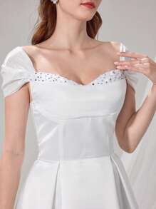 Poshira Women's Sequin Heart Neck Luxurious Satin Ball Gown Party Dress Luxurious Women's Evening Dresses Soft Dress White Prom Dress - White - View 3