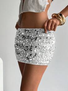 Aloruh Women's Party Glitter Mini Low Waist Bodycon Mesh Sequin Skirt