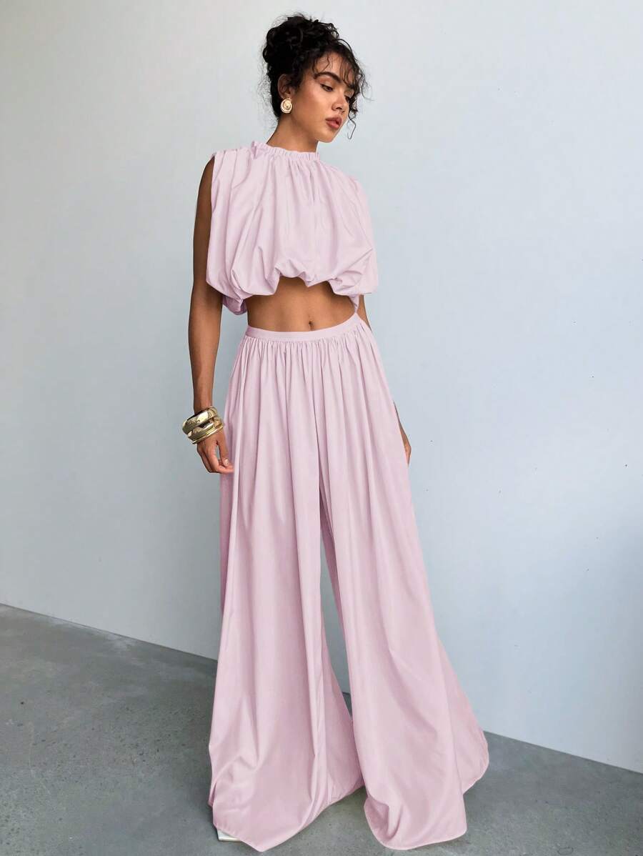Aloruh Pleated Loose Elastic Waist Wide Leg Pants, Fashionable For Summer - Baby Pink - View 1
