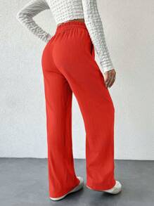 SHEIN Cottnline Wide Leg Pants For Women With Drawstring, Elastic Waistband, Relaxed Fit Design - Orange - View 2