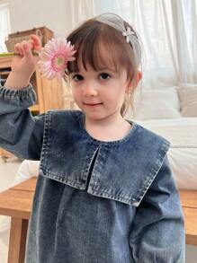 Hapijoa Toddler Girls Cute Fresh Ruffled Collar Washed Long Sleeve Mid-Length Denim Dress - Medium Wash - View 5
