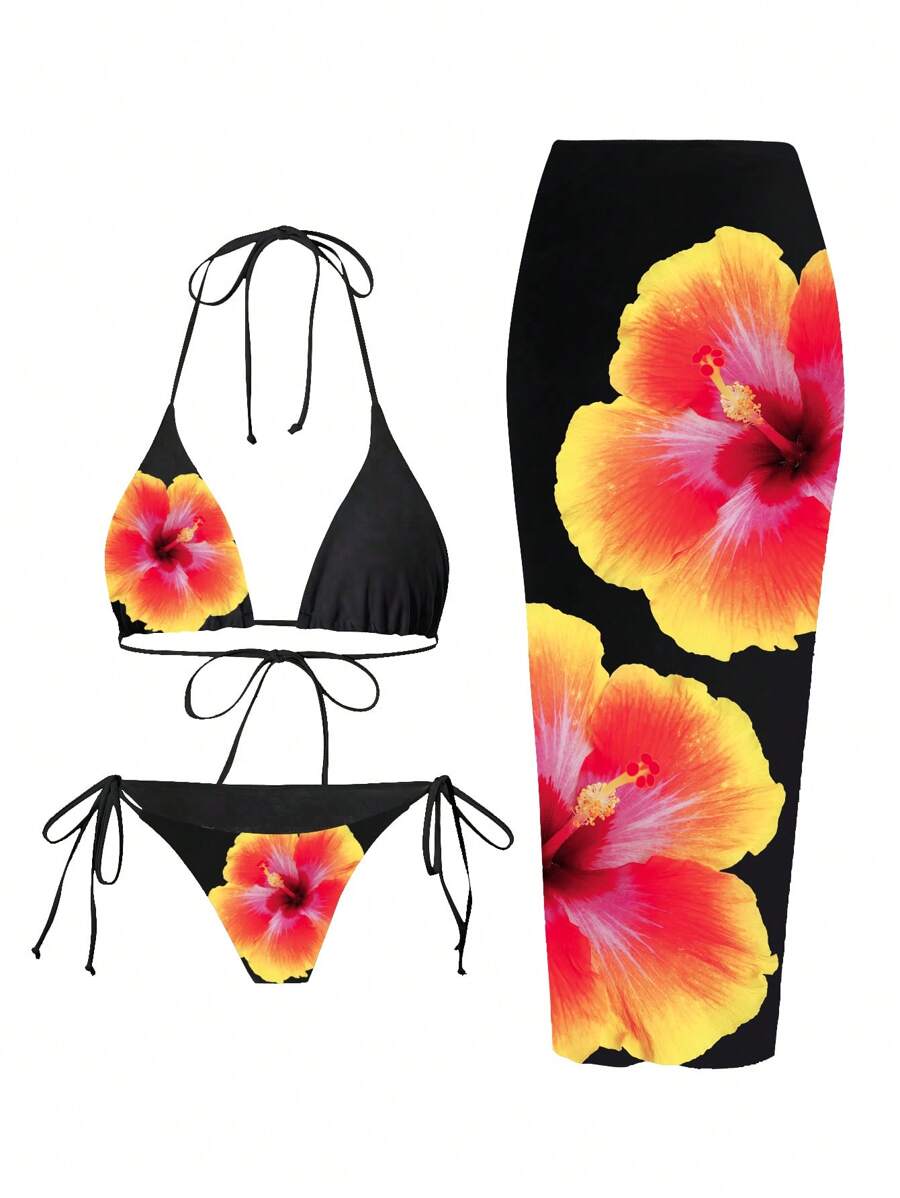 Swim Oasis 女士三件套泳衣套装:细肩带三角形上衣、系带侧三角形下装和罩衫长裙,夏日度假休闲风格 - 彩色 - 查看 1