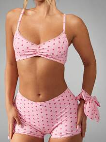 MISSGUIDED Heart Print Pajama Set With Delicate Lace Trim Bow Detail Boy Short Style Comfortable Pull On Design Valentine Collection Sleepwear Set - Pink - View 6