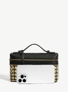 SHEIN SXY 女士手提包，编织包，时尚，简约，优雅，百搭，经典，编织 PU，红色包，金属挂锁装饰，适合通勤、办公、约会、日常、购物、下午茶 - 黑色 - 查看 5