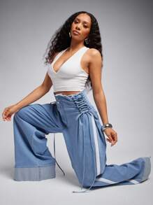 Quần jean ống rộng denim co giãn cạp cao Raw Edge buộc dây, trang phục dạo phố cho nữ, trang phục thường ngày cho nữ - Rửa nhẹ - Xem 5