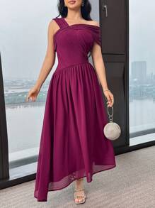 Modelyn Women's Solid Color Asymmetric Neck Ruffle Elegant Dress