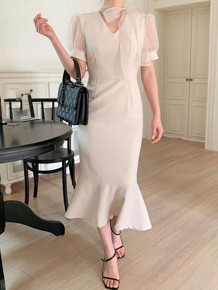 Women's Patchwork Bodycon Mermaid Dress With Bowknot Belt Maxi Dress