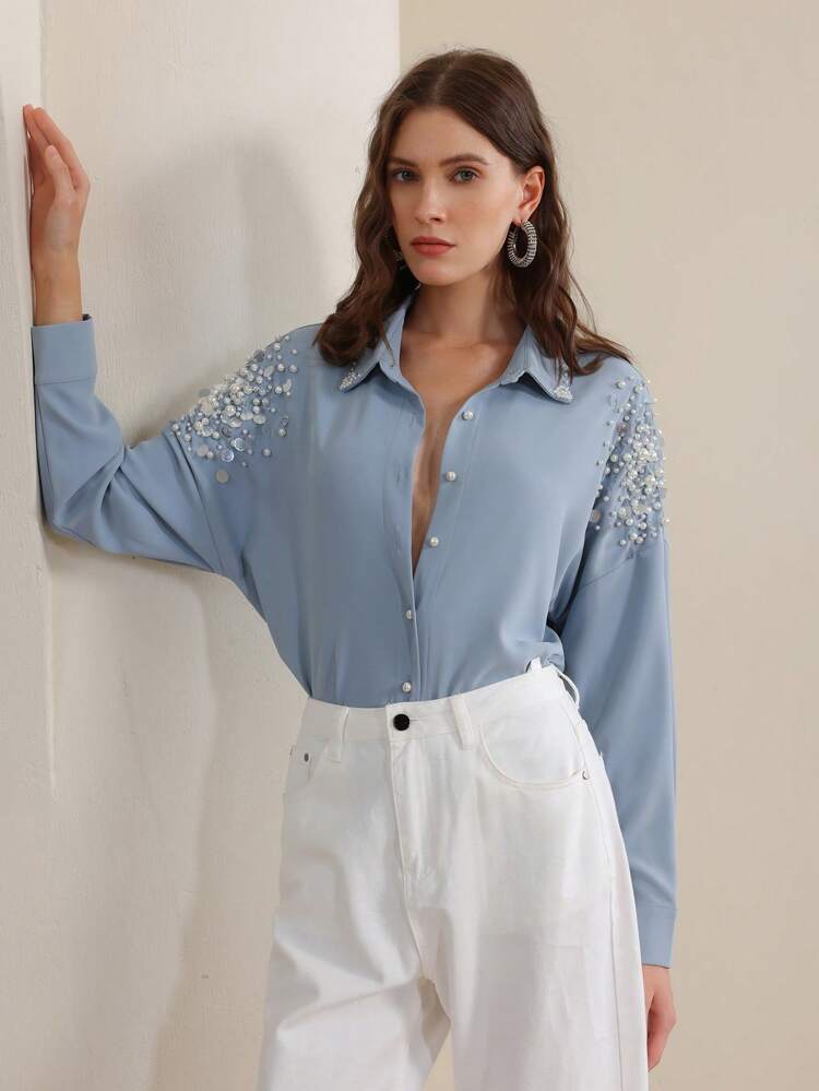 Apricot Custom Handmade Pearl Embellished Long Sleeve Blouse For Women, Fall/Winter Women Shirt