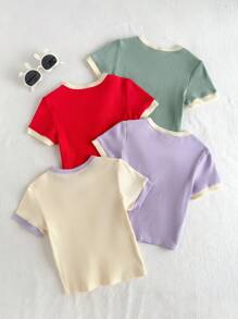 Loomiva Conjunto de 4 piezas de tops de punto con cuello redondo y manga corta unicolor para niña bebé - Multicolor - Ver 2