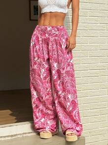 Sunnyshic Women's Casual Vacation Paisley Print Beach Pants Fall Cloth For Women - Hot Pink - View 5