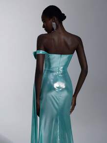Glamrae 优雅的湖蓝色闪亮彩虹色涂层单肩露肩可拆卸蝴蝶结超长褶皱美人鱼风格开衩礼服，适合约会、单身派对、毕业典礼、返校节、舞会、生日、婚礼、正式活动 - 水鴨藍 - 查看 5