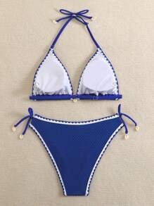SHEIN Set bikini a fascia da ragazza con fiocco al collo e bordo a righe, per le vacanze estive delle adolescenti, 2 pezzi per l'estate in spiaggia