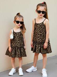 SHEIN Vestido de tirantes estampado de leopardo tejido para niña joven - Caqui - Ver 1