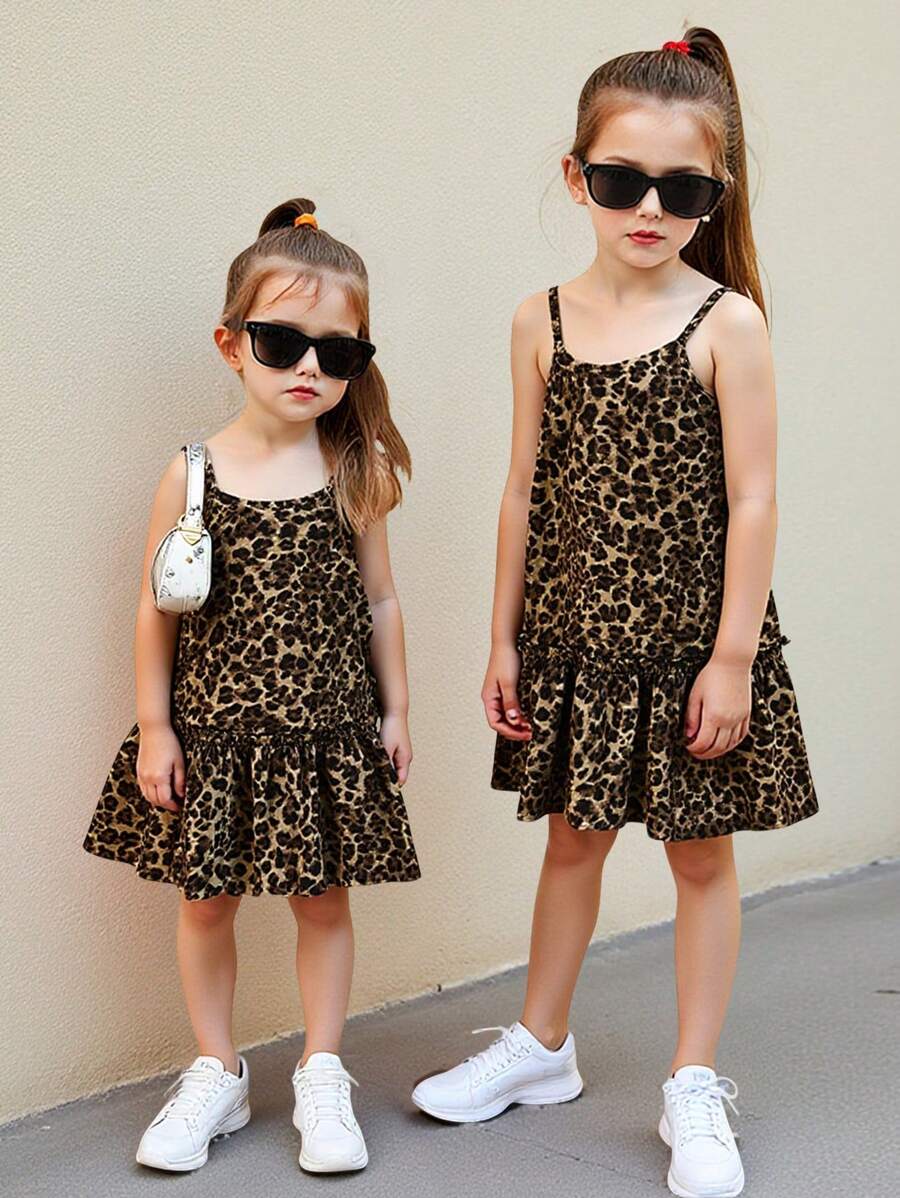 SHEIN Vestido de tirantes estampado de leopardo tejido para niña joven - Caqui - Ver 1