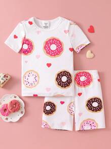 2pcs/Set Girls Casual White Sweet Donut Graphic Print Shorts & Fitted Home Shorts, Summer Outfit - White - View 3