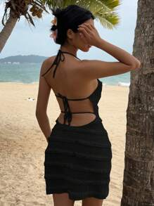 SHEIN VCAY Đầm mini hở lưng đan màu trơn cho nữ - màu đen - Xem 2