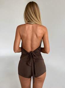 Aloruh YKT Sexy Cổ Chữ V Sâu Halter Top Backness Và Eo Thấp Mini Ngắn Hai Mảnh Trang Phục Mặc Hàng Ngày Hai Mảnh Set Phụ Nữ Trang Phục Kỳ Nghỉ Đảo Bộ Mùa Hè Cho Phụ Nữ - màu nâu - Xem 3