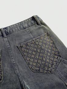 ROMWE MEN Grunge Punk Men's Casual Multi-Pocket Versatile Denim Shorts - Dark Wash - View 3