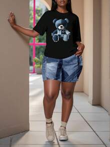 Slaydiva 2 件套大码女士休闲可爱卡通熊图案印花拼布短袖 T 恤和短裤套装，适合夏季 - 彩色 - 查看 6