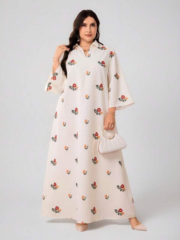 Veilorie Plus Size Women Floral Print Lapel Long Sleeve Loose Midi Dress,Flowy Dress