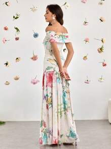 Modelyn 女式长款露肩浪漫花卉印花褶饰网眼优雅迷人度假连衣裙，春夏 - 彩色 - 查看 2