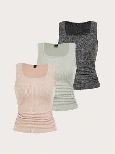 SHEIN LUNE 3pcs Women Casual Summer Plain Color Tank Tops Summer Tops Going Out Tops Women Summer Clothes Women Crop Top Tank Tops Pink Top Suitable For Autumn And Summer 3pcs/Set Casual Solid Color Slim Fit Camisole Tank Top For Women Tube Top With Bra