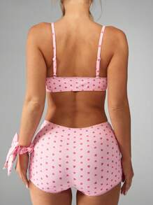 MISSGUIDED Heart Print Pajama Set With Delicate Lace Trim Bow Detail Boy Short Style Comfortable Pull On Design Valentine Collection Sleepwear Set - Pink - View 2