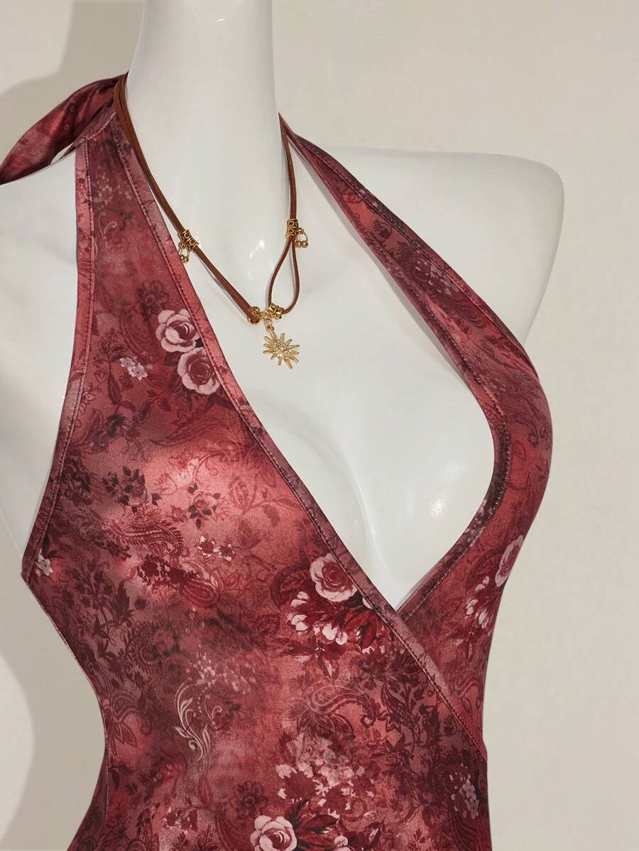 SHEIN ICON 女式复古印花深 V 领挂脖背心 - 酒紅色 - 查看 1