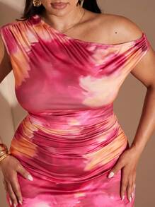 SHEIN BAE Plus Size Women Purple Tie Dye Pattern Print Elegant Long Asymmetrical Neck Bodycon Knit Dress, Suitable For Daily Wear, Commute, Outing, Date, Afternoon Tea, Vacation,Birthday Dresses For Women
