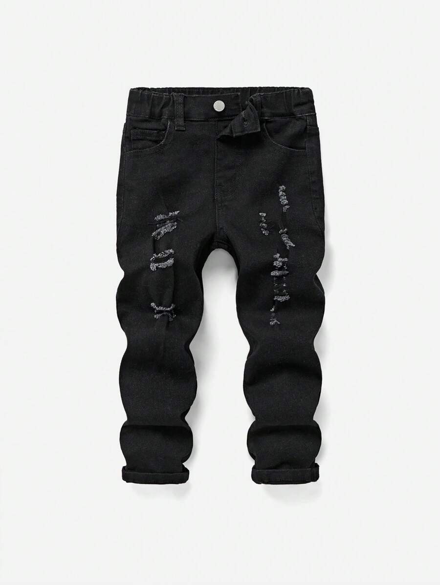 SHEIN 男童休闲破洞修身牛仔裤 - 黑色 - 查看 1