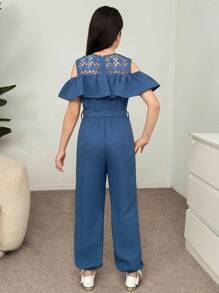 Tute da ragazza tween, casual, per vacanze, con pizzo a contrasto, orlo con volant, cintura, vita elastica, morbide