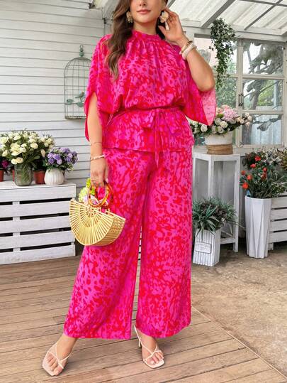 SHEIN Privé Plus Size Summer Set: Loose Casual Vacation Outfit With Animal Print, Mandarin Collar, Floral Pattern, Including Wide Sleeve Blouse & Tie Waist Wide Leg Pants/Vcay
