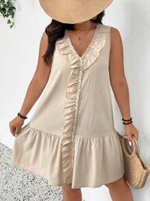 SHEIN Frenchy Plus Size V Neck Sleeveless Ruffle Hem Apricot Color Dress, Fashionable Casual Outfit For Big Size Women,Summer Outfits For Women - Apricot - View 5