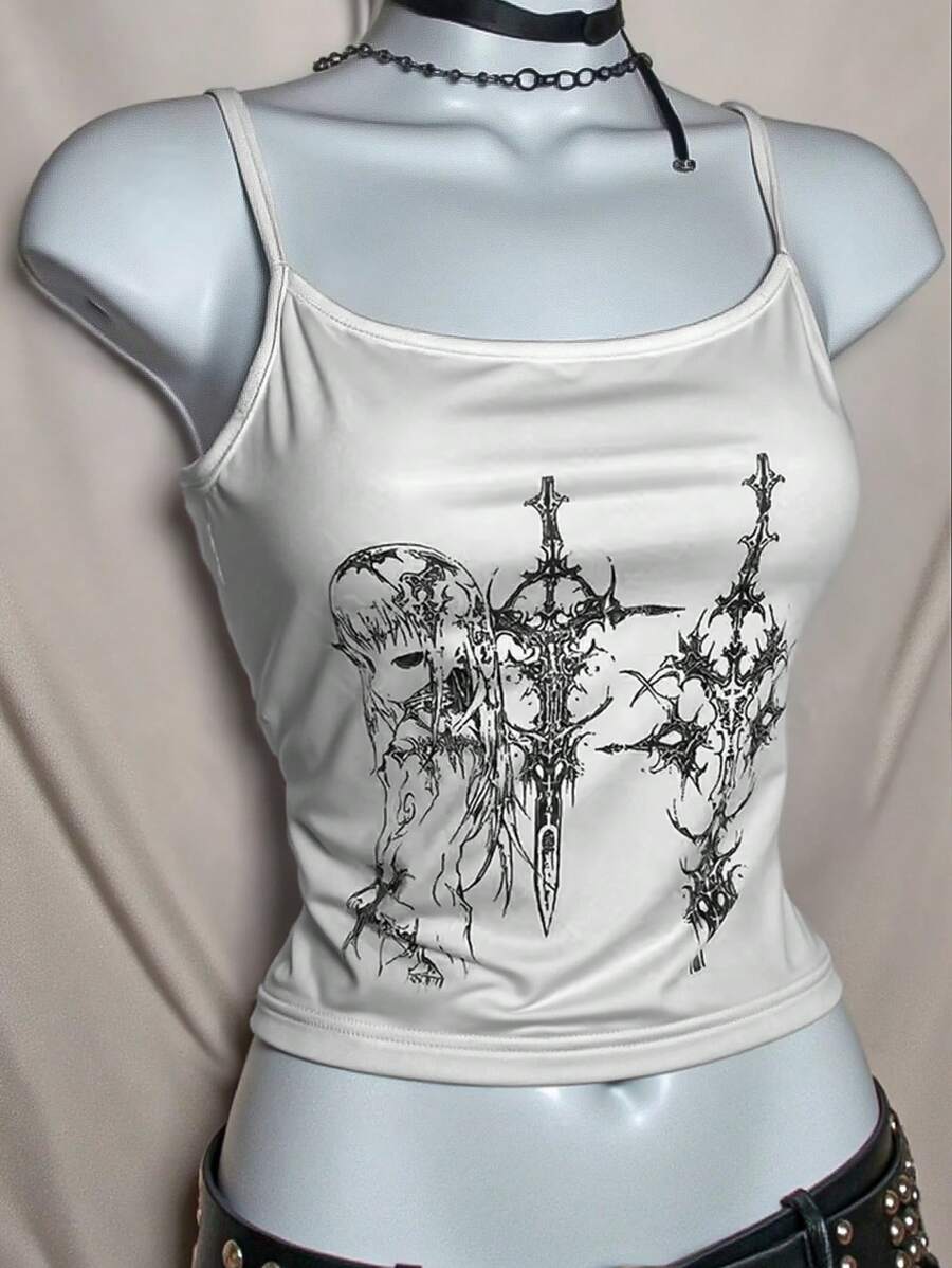 Y2k 风格甜美性感背心女无袖休闲卡通印花背心原宿百搭短款垃圾摇滚风女孩适合日常穿着 - 白色 - 查看 1