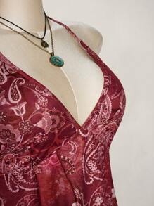 SHEIN ICON Blusa para mujer talla grande estilo retro con estampado, escote en V y espalda descubierta, ideal para vacaciones y salidas casuales, estilo boho hippie Y2K - Burdeos - Ver 5