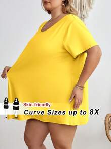 SHEIN CURVE+ Áo thun nữ cỡ lớn cổ tròn tay ngắn màu trơn, kiểu dáng thường ngày, màu vàng mùa hè/Áo thun cỡ lớn mùa hè/Kiểu đồng quê/Kỳ nghỉ biển/Trang phục đi biển - Màu Mù tạt vàng - Xem 10
