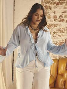 Aralina Plus Size Women Casual Solid Color Ruffle Trim Blouse - Baby Blue - View 5