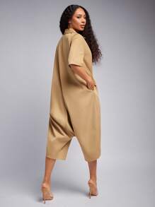 Vixey 纽扣式低裆四分袖连体裤，女士商务休闲装，女士办公室服装 - 棕色 - 查看 6