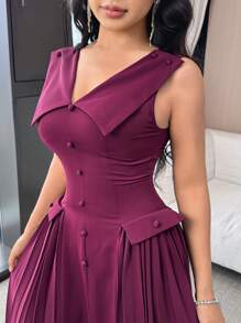Feyla Women's Solid Button Design Pleated Hem Sleeveless Elegant Mini Dress - Purple - View 4