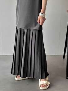 FRIFUL Women Loose Hem Pleated 2 In 1 Long Dress, Solid Color, Summer,Casual Women Dresses