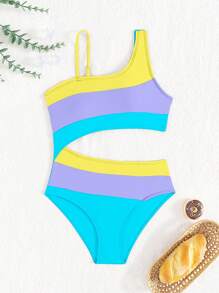 SHEIN Traje de baño de niña preadolescente con diseño de bloqueo de color, escote asimétrico y abertura en la cintura, conjunto de playa morado - Multicolor - Ver 5