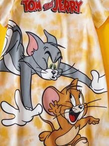 TOM & JERRY X SHEIN 少女卡通印花扎染可爱短袖连衣裙 - 彩色 - 查看 5