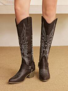 Styleloop Women's Chain Buckle Western Embroidered Leather Above Knee Boots, New For Spring & Autumn - Coffee Brown - View 3