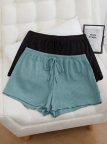 SHEIN 2pcs Plus Size Rib Knit Fake Drawstring Casual Lounge Shorts Sleep Shorts Set