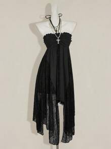 SHEIN ICON Vestido mini asimétrico sobredimensionado con volantes, encaje y parches - Negro - Ver 4