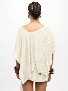 SUMWON WOMEN V Neck Off Shoulder Slouchy Knit Cover Up Ladder Stitching Resort Beach Pool Swimsuit Cover Up Swim Poncho Resort Top Outdoor Summer Beachwear - Cream - View 2