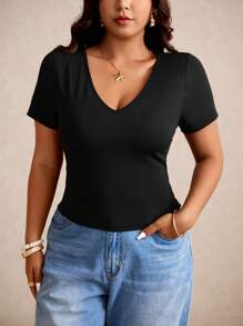 Elaquor V 领纯色 T 恤全黑短款夏季上衣 - 黑色 - 查看 5