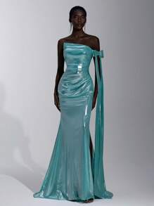 Glamrae 优雅的湖蓝色闪亮彩虹色涂层单肩露肩可拆卸蝴蝶结超长褶皱美人鱼风格开衩礼服，适合约会、单身派对、毕业典礼、返校节、舞会、生日、婚礼、正式活动 - 水鴨藍 - 查看 2
